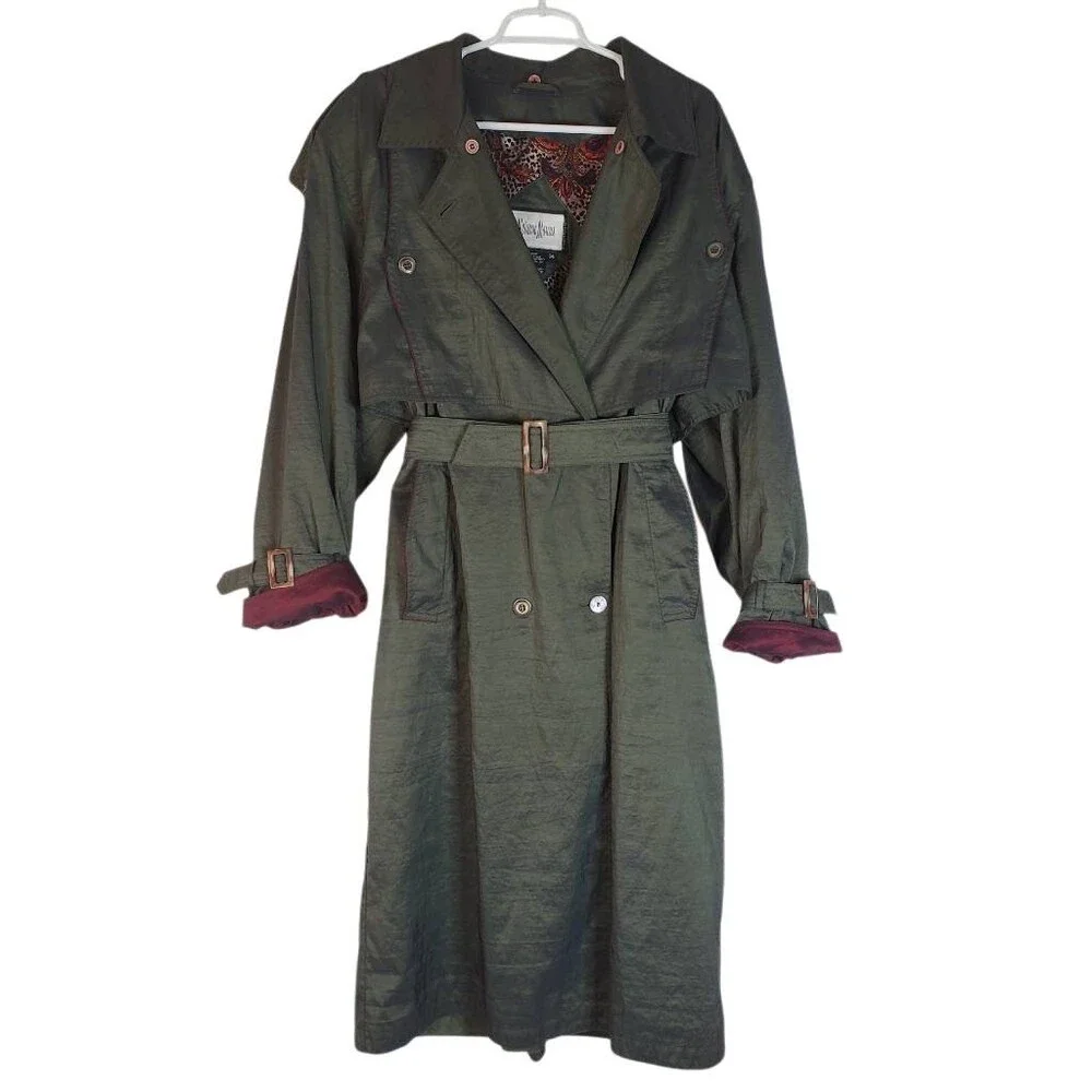 Neiman Marcus Double Breasted Belted Water Resistant Trench Coat Olive Green 14‎